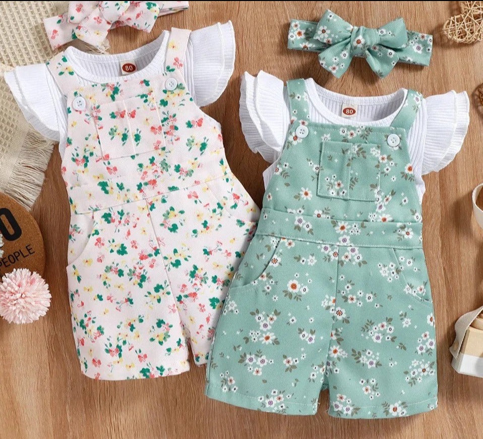 Girl's Short Sleeve Shirt w/ Floral Overalls: White and Light Green