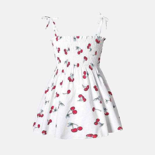 Girl's Cherry Shirred Dress: White