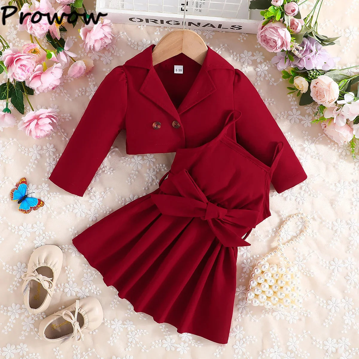 Girl's Elegant Red Blazer and Skirt Set