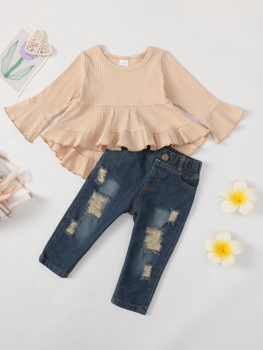 Girl's 2-Piece Ruffled Top and Jeans Set