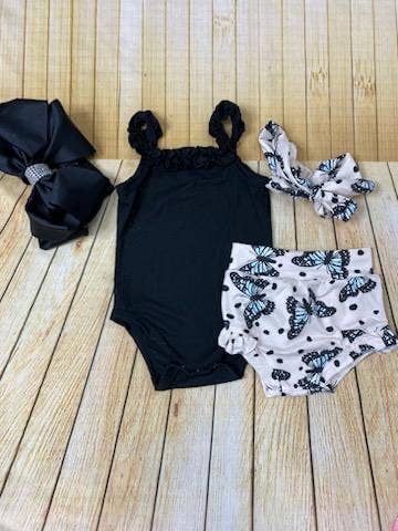 Girl's black onesie w/ butterfly bloomer & headband