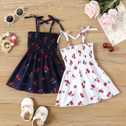 Girl's Cherry Shirred Dress: White