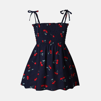 Girl's Cherry Shirred Dress: Dark Blue