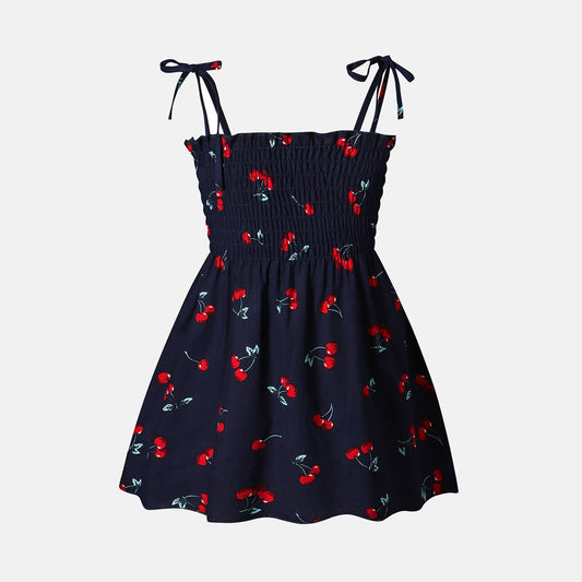 Girl's Cherry Shirred Dress: Dark Blue