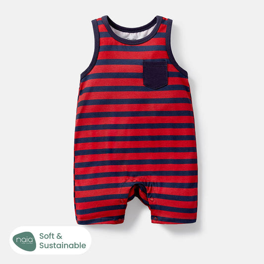 Boy's Sleeveless Striped Jumpsuit: Blue & Red