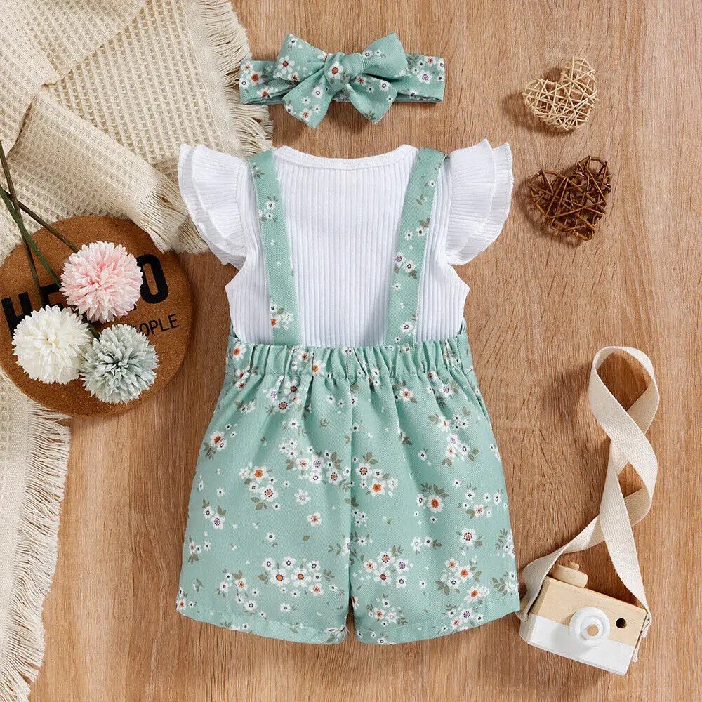 Girl's Short Sleeve Shirt w/ Floral Overalls: White and Light Green