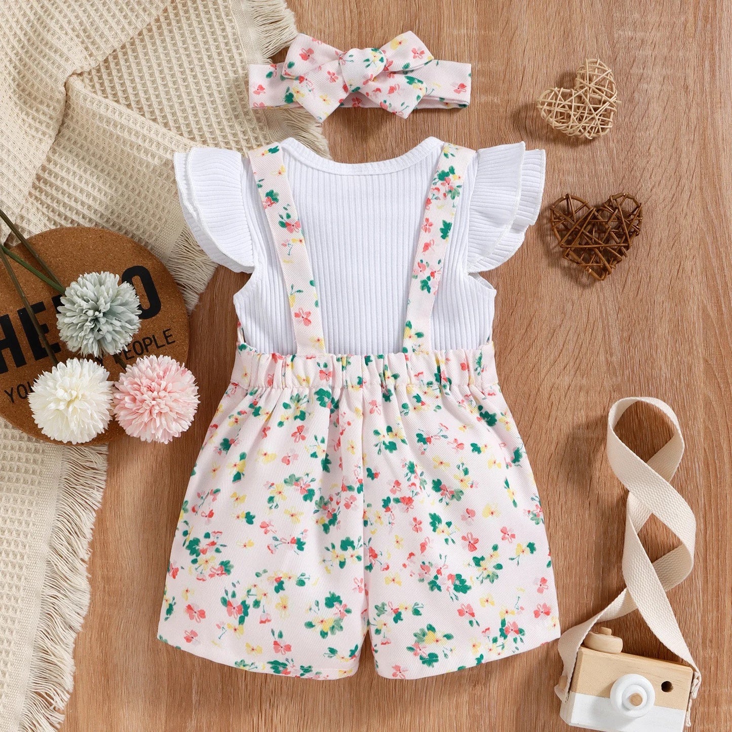 Girl's Short Sleeve Shirt w/ Floral Overalls: White and Pink