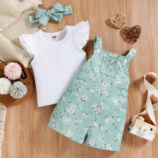 Girl's Short Sleeve Shirt w/ Floral Overalls: White and Light Green