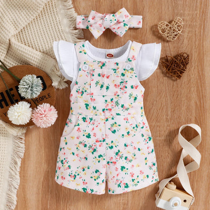 Girl's Short Sleeve Shirt w/ Floral Overalls: White and Pink