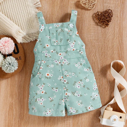 Girl's Short Sleeve Shirt w/ Floral Overalls: White and Light Green