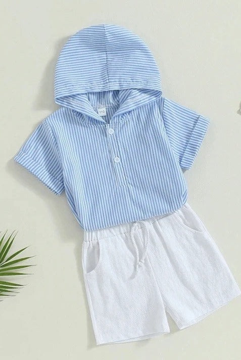 Boy's Hooded Striped T Shirt w/ White Draw String Shorts: Light Blue and White