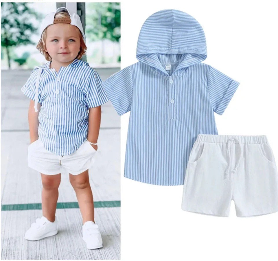 Boy's Hooded Striped T Shirt w/ White Draw String Shorts: Light Blue and White